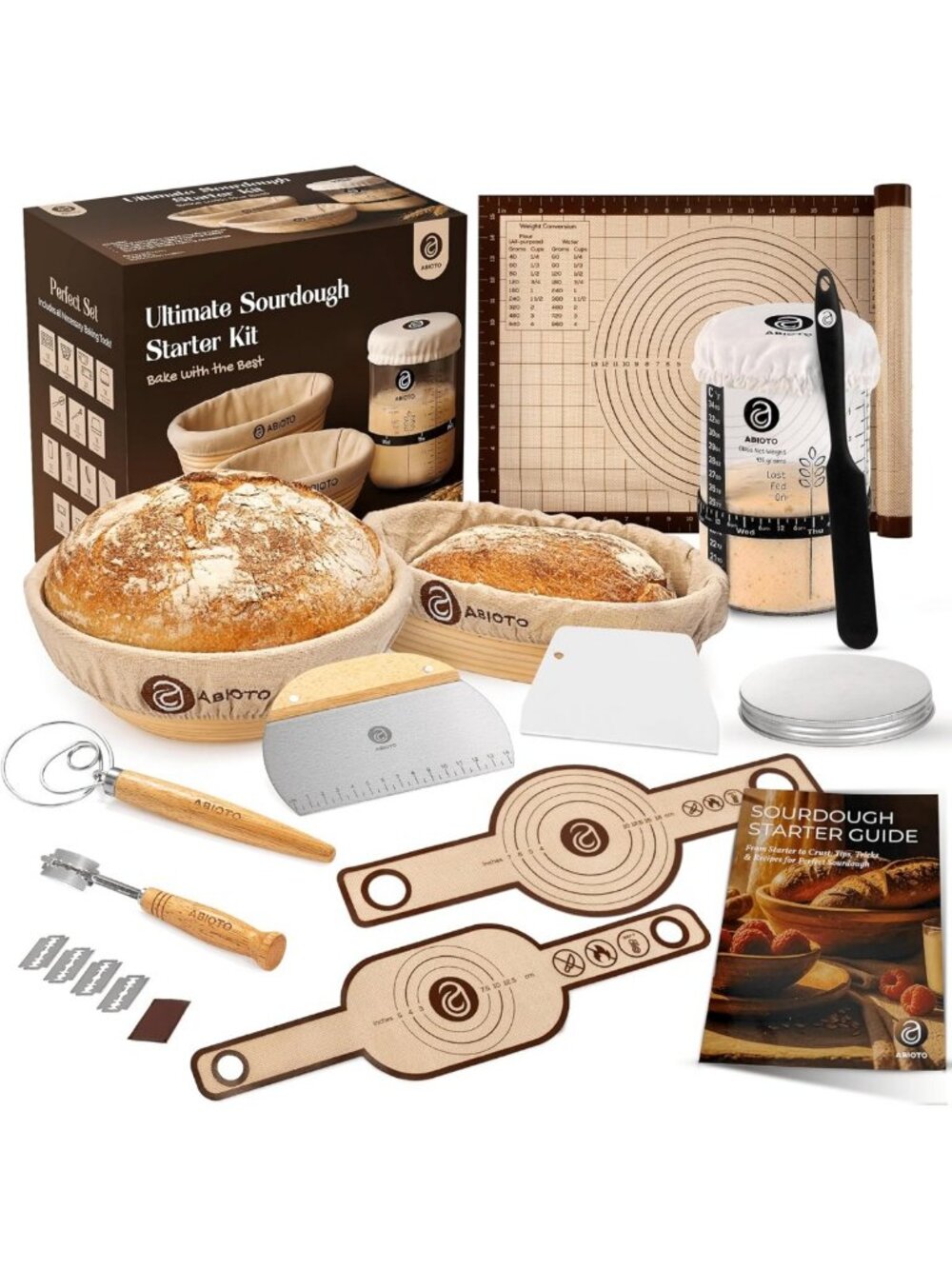 Sourdough Starter Kit - 10" Round & 11" Oval Proofing Baskets, Jar & Supplies